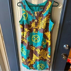 Taylor silk and linen blend sleeveless shift dress pockets brown yellow blue